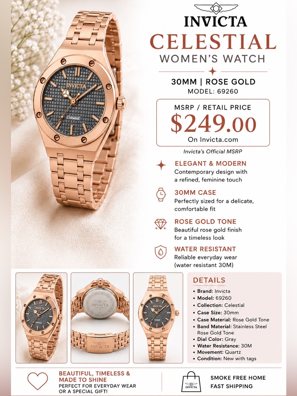 (NIB) Invicta Rose Gold Women's Watch with Gray Dial